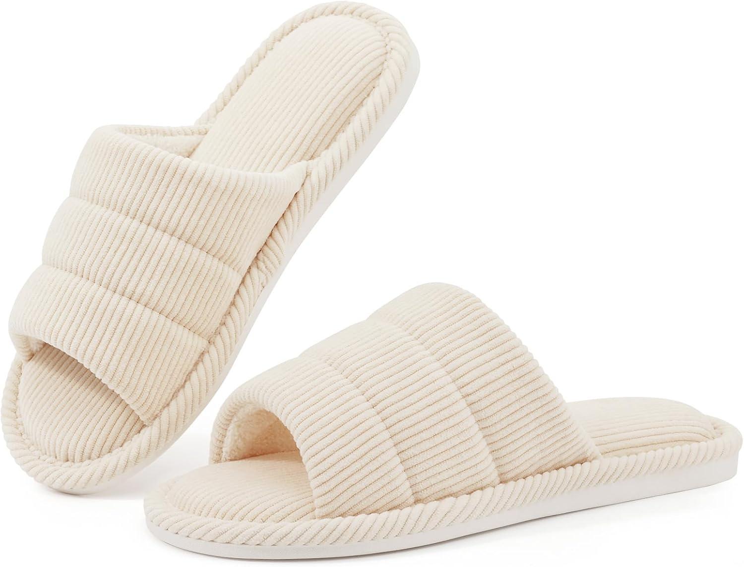 imageshevalues Terry Cloth Open Toe Slippers for Women Memory Foam Slip On House SlippersBeige