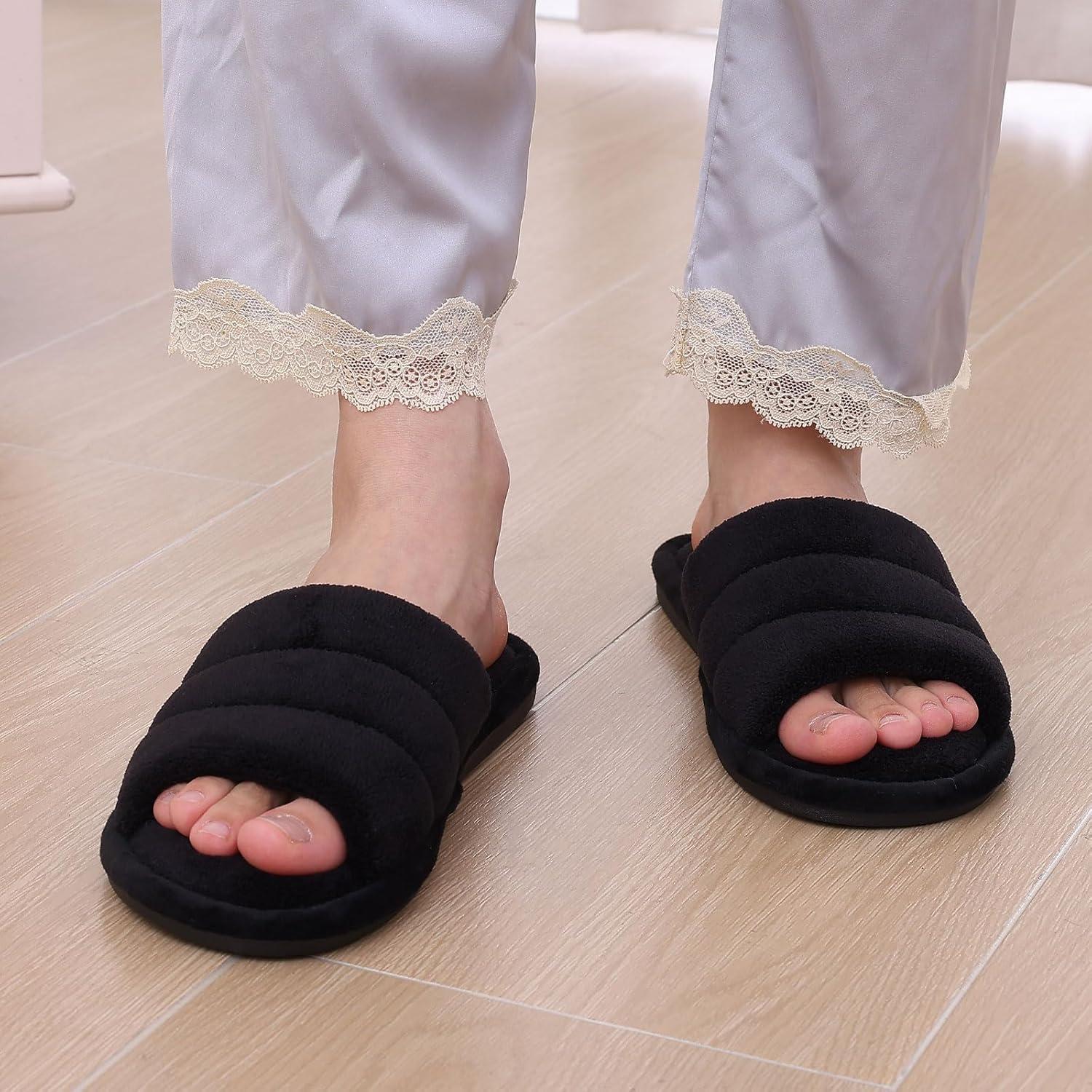 imageshevalues Terry Cloth Open Toe Slippers for Women Memory Foam Slip On House SlippersBlack