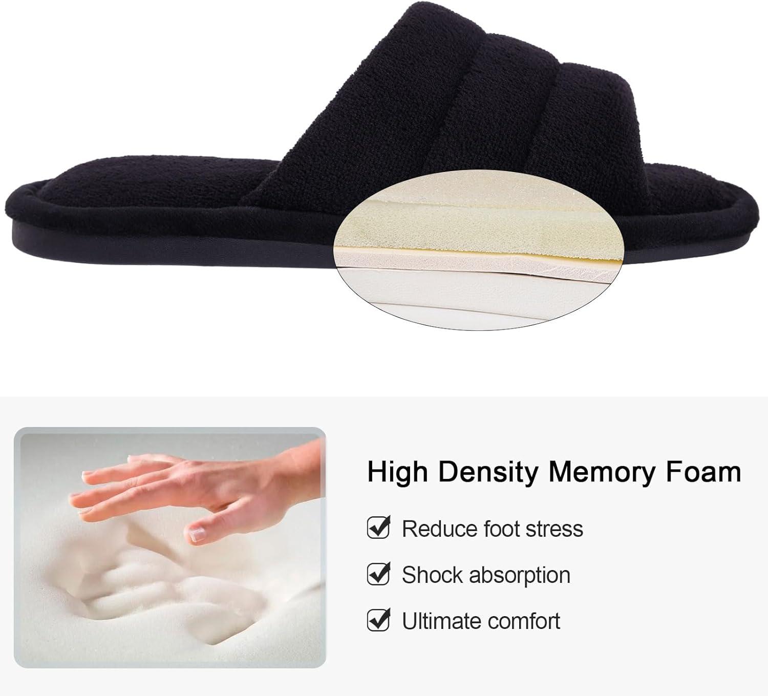 imageshevalues Terry Cloth Open Toe Slippers for Women Memory Foam Slip On House SlippersBlack