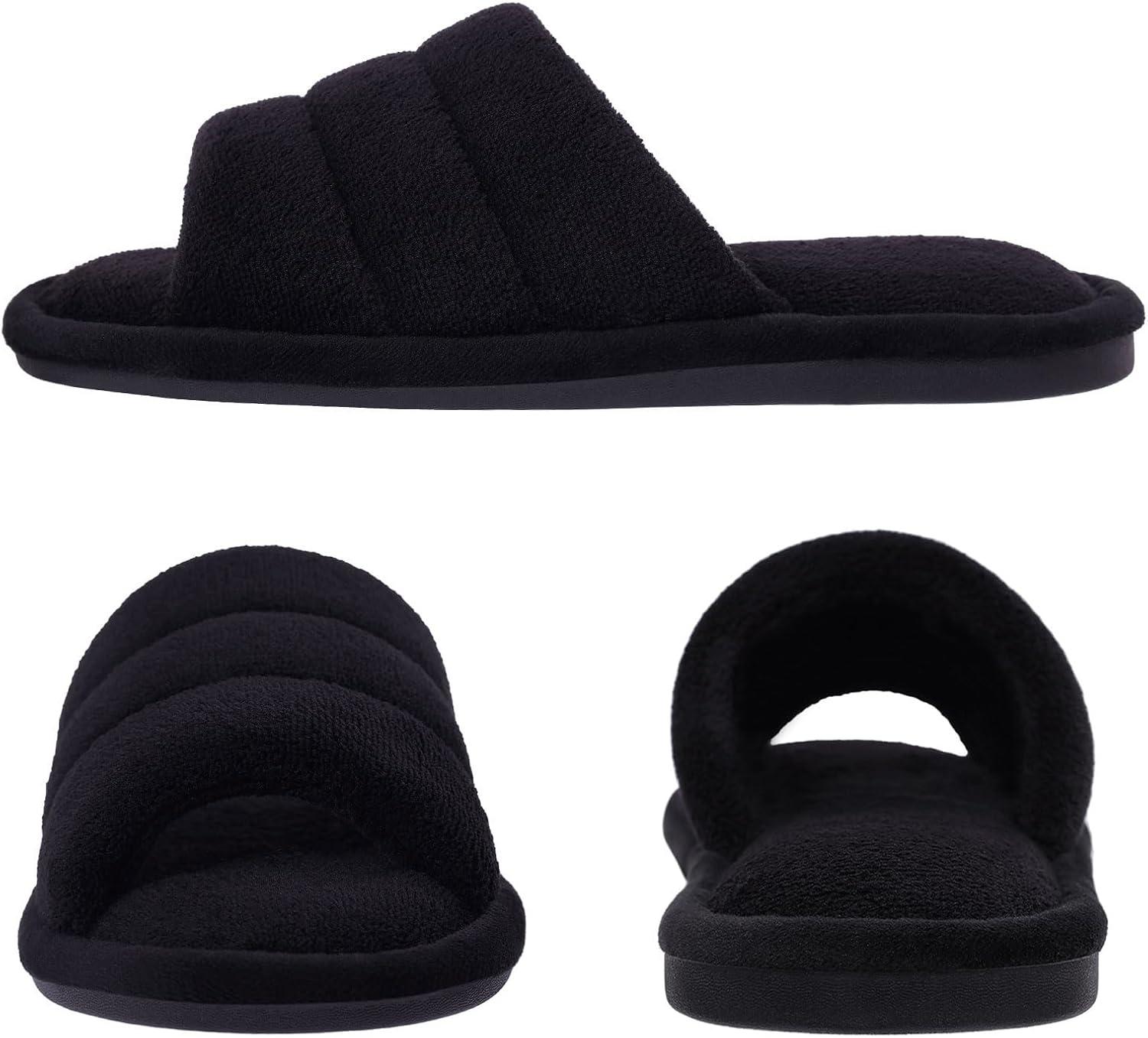 imageshevalues Terry Cloth Open Toe Slippers for Women Memory Foam Slip On House SlippersBlack