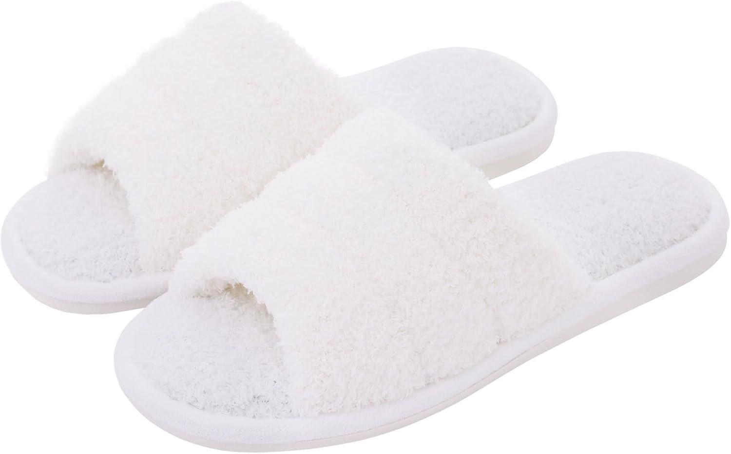 imageshevalues Terry Cloth Open Toe Slippers for Women Memory Foam Slip On House SlippersFuzzy White