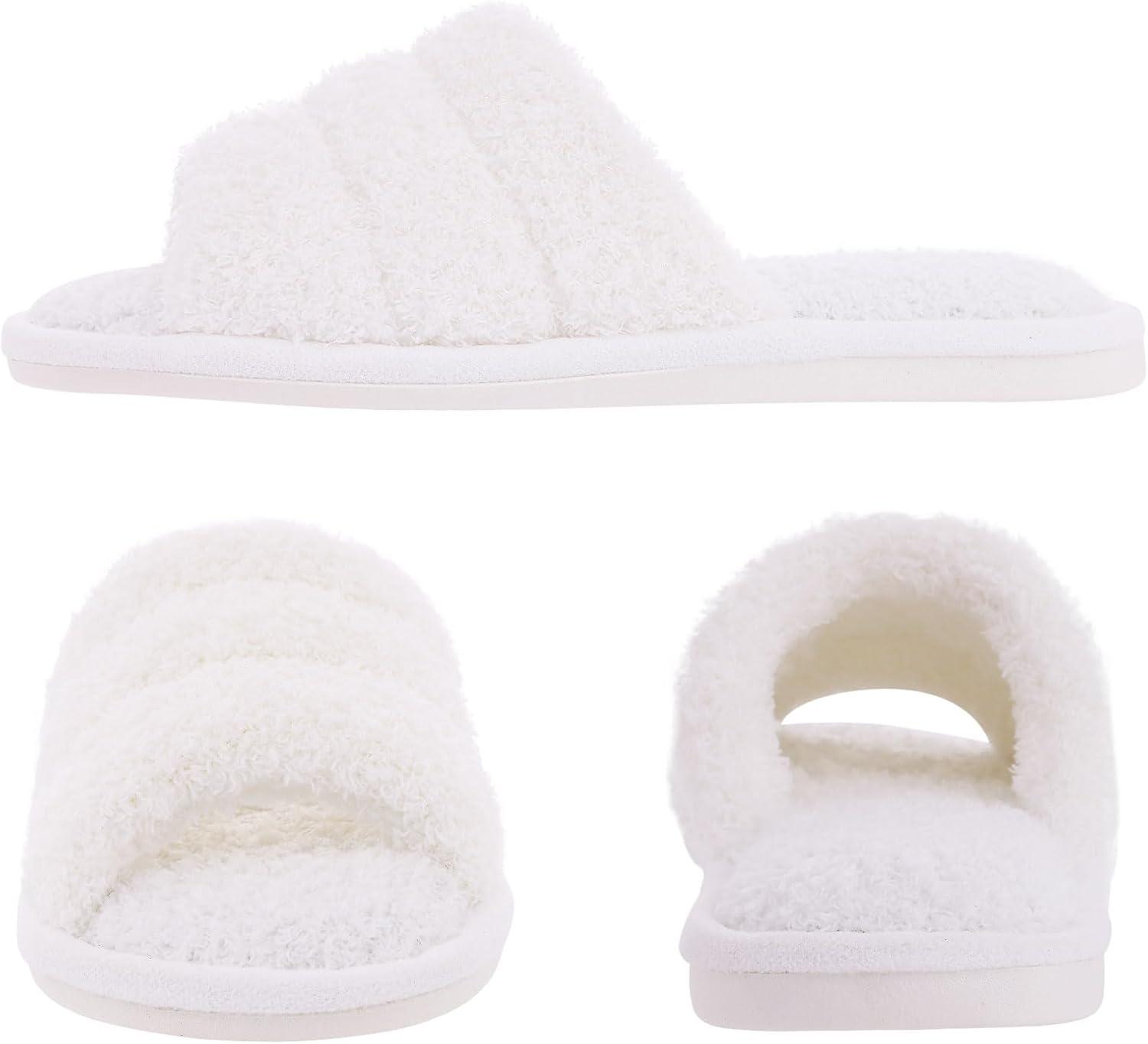 imageshevalues Terry Cloth Open Toe Slippers for Women Memory Foam Slip On House SlippersFuzzy White