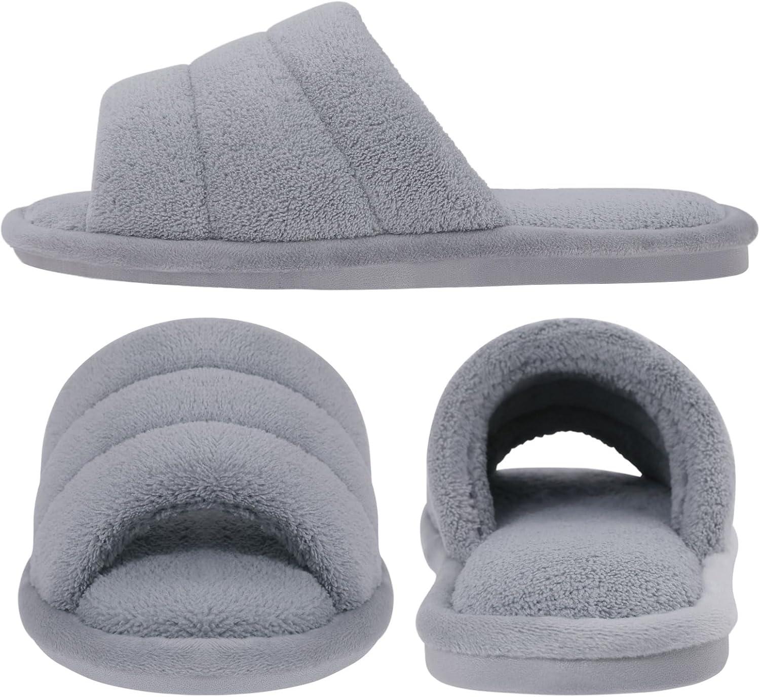 imageshevalues Terry Cloth Open Toe Slippers for Women Memory Foam Slip On House SlippersGrey