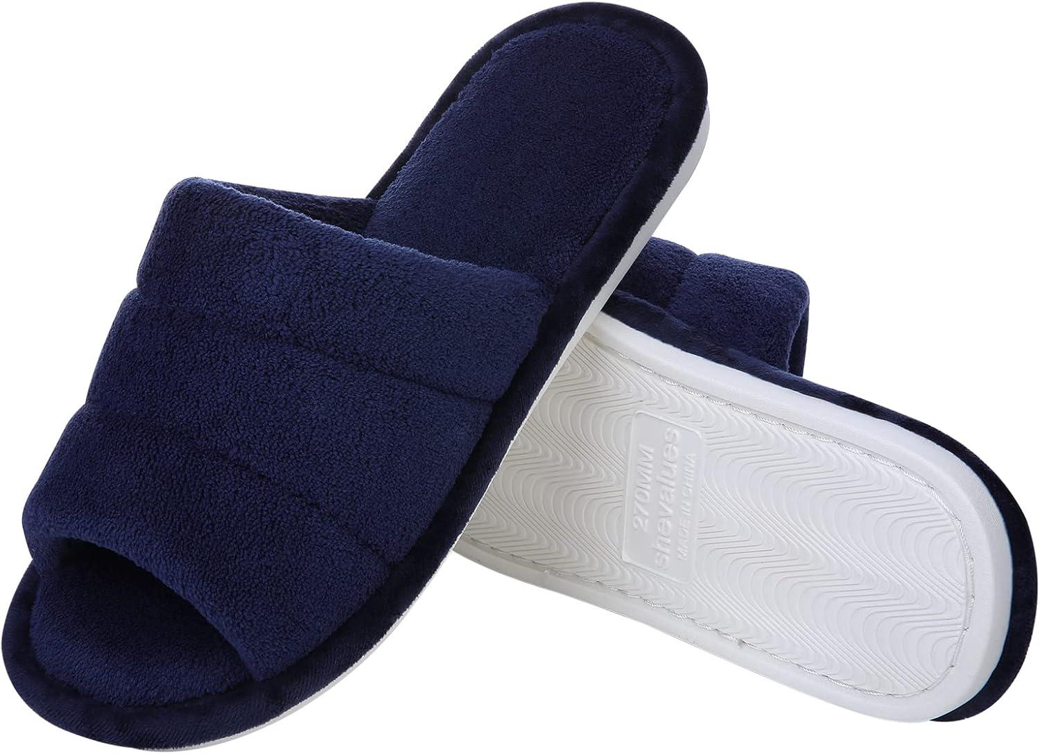 imageshevalues Terry Cloth Open Toe Slippers for Women Memory Foam Slip On House SlippersNavy