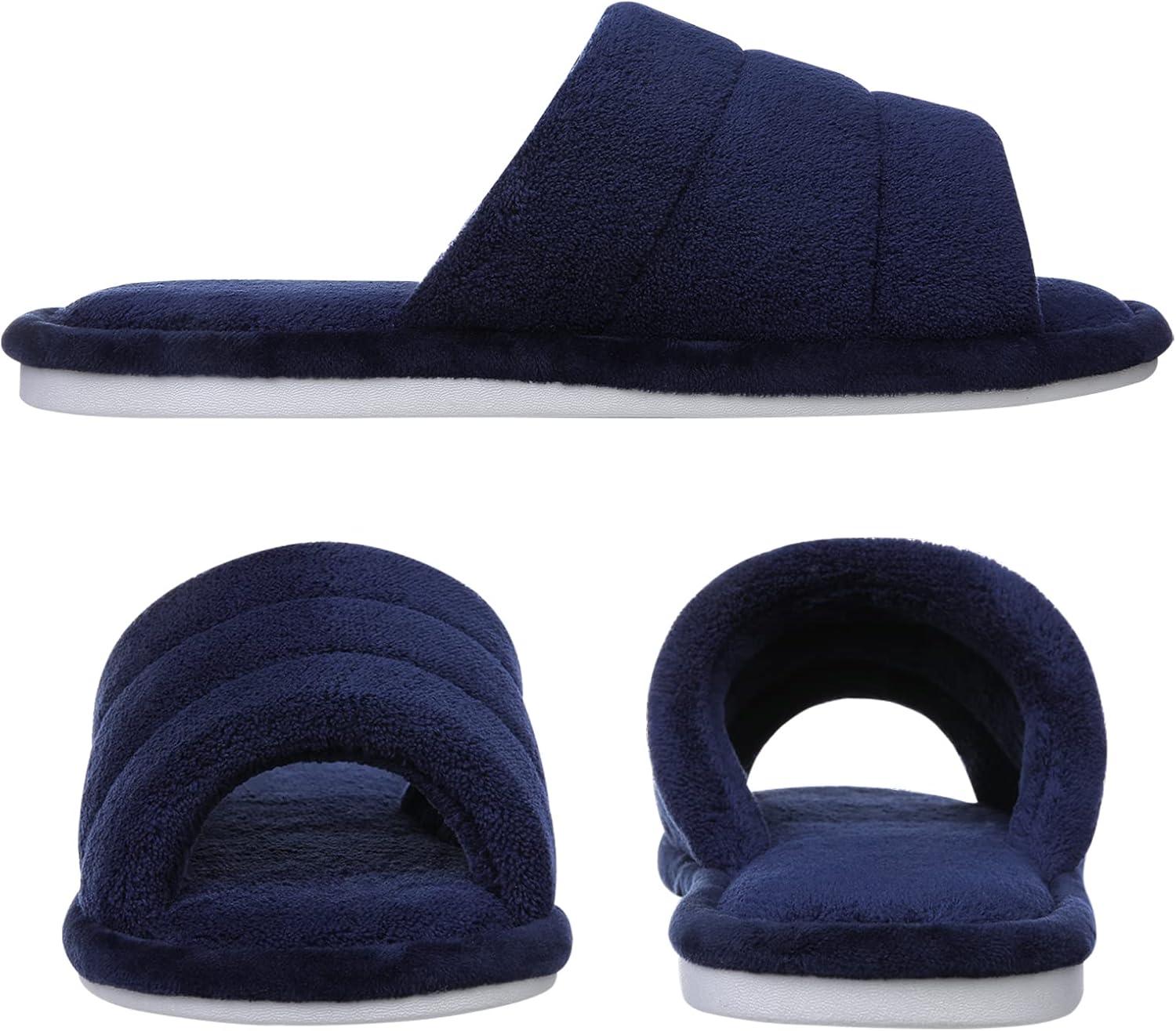 imageshevalues Terry Cloth Open Toe Slippers for Women Memory Foam Slip On House SlippersNavy