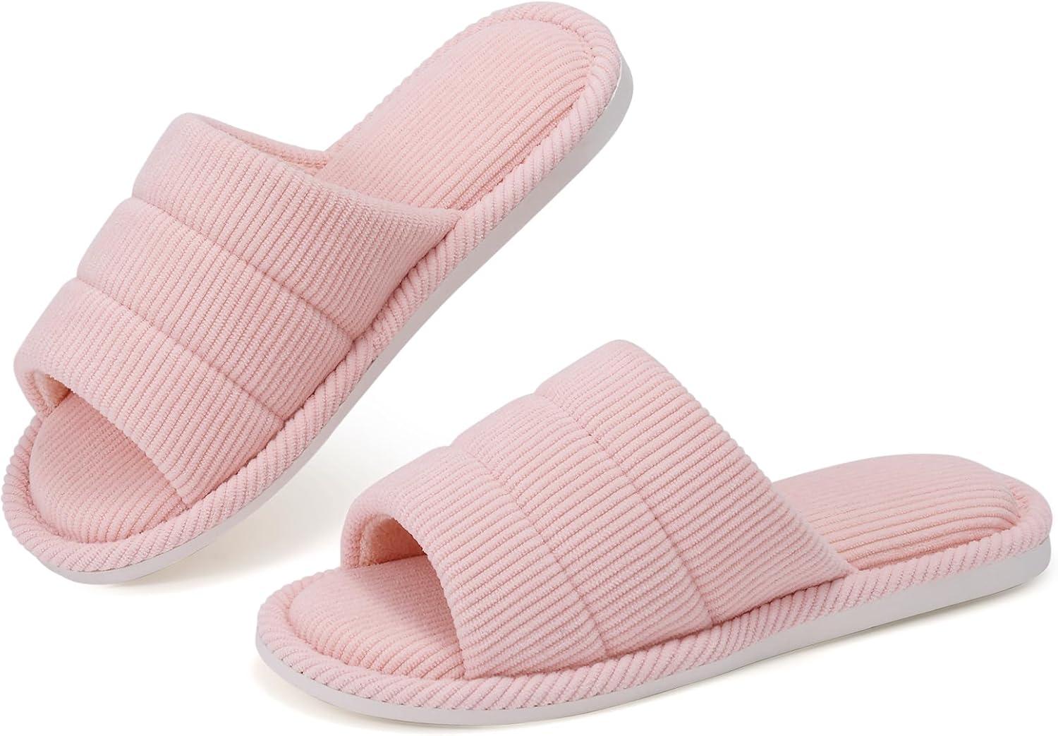 imageshevalues Terry Cloth Open Toe Slippers for Women Memory Foam Slip On House SlippersPale Pink