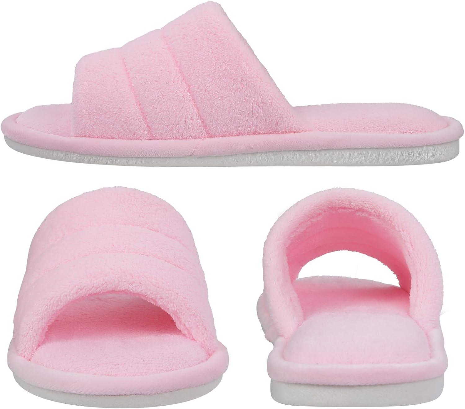 imageshevalues Terry Cloth Open Toe Slippers for Women Memory Foam Slip On House SlippersPink