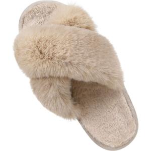 Comwarm Women’s Cross Band Fuzzy Slippers Fluffy Open Toe House Slippers Cozy Plush Bedroom Shoes Indoor Outdoor, Camel Size 7-8