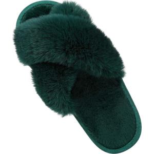 Comwarm Women’s Cross Band Fuzzy Slippers Fluffy Open Toe House Slippers Cozy Plush Bedroom Shoes Indoor Outdoor(Green)