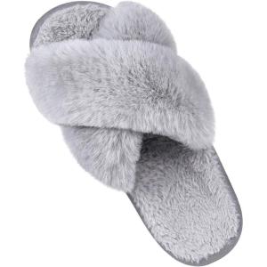 Comwarm Women’s Cross Band Fuzzy Slippers Fluffy Open Toe House Slippers Cozy Plush Bedroom Shoes Indoor Outdoor(Grey)