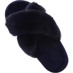 Comwarm Women’s Cross Band Fuzzy Slippers Fluffy Open Toe House Slippers Cozy Plush Bedroom Shoes Indoor Outdoor(Navy Blue)