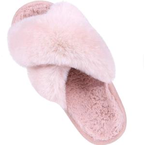Comwarm Women’s Cross Band Fuzzy Slippers Fluffy Open Toe House Slippers Cozy Plush Bedroom Shoes Indoor Outdoor(Pink)