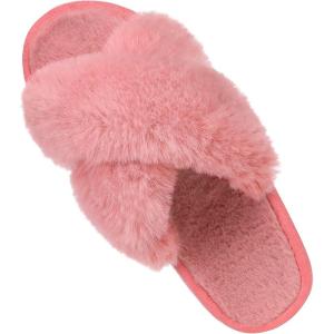 Comwarm Women’s Cross Band Fuzzy Slippers Fluffy Open Toe House Slippers Cozy Plush Bedroom Shoes Indoor Outdoor(Watermelon Red)