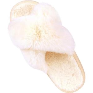 Comwarm Women’s Cross Band Fuzzy Slippers Fluffy Open Toe House Slippers Cozy Plush Bedroom Shoes Indoor Outdoor(White)