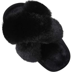 Girl’s Soft Plush Lightweight House Slippers Non Slip Cross Band Slip on Open Toe Cozy Indoor Outdoor Slippers(Black)