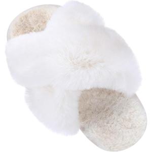 Girl’s Soft Plush Lightweight House Slippers Non Slip Cross Band Slip on Open Toe Cozy Indoor Outdoor Slippers(Cream)