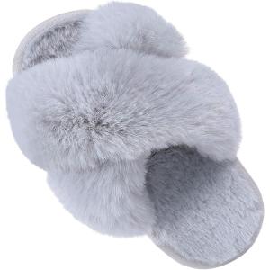 Girl’s Soft Plush Lightweight House Slippers Non Slip Cross Band Slip on Open Toe Cozy Indoor Outdoor Slippers(Grey)