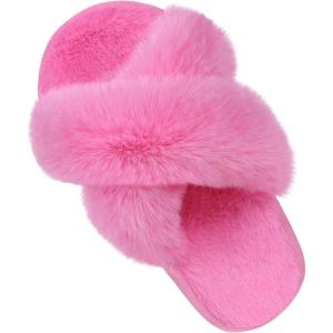 Girl’s Soft Plush Lightweight House Slippers Non Slip Cross Band Slip on Open Toe Cozy Indoor Outdoor Slippers(Hot Pink)