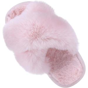 Girl’s Soft Plush Lightweight House Slippers Non Slip Cross Band Slip on Open Toe Cozy Indoor Outdoor Slippers(Pink)