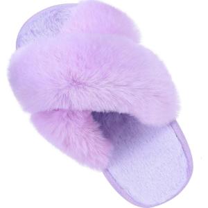 Girl’s Soft Plush Lightweight House Slippers Non Slip Cross Band Slip on Open Toe Cozy Indoor Outdoor Slippers(Purple)