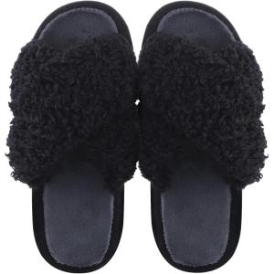 Women’s Fuzzy Curly Fur Slippers Cross Band Slip on Open Toe Comfy House Shoes Indoor Outdoor Slippers