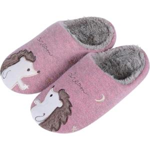 shevalues Fur Lined Animal Slippers for Kids Cute Girls Boys Unicorn Hedgehog House Shoes Fuzzy Embroidered Indoor Slippers Women(Pink Hedgehog)