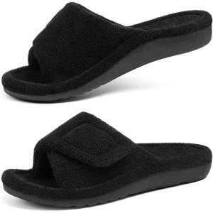 shevalues Orthopedic Slippers for Women with Arch Support Adjustable Open Toe House Shoes for Plantar Fasciitis(New Black)