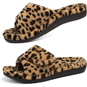shevalues Orthopedic Slippers for Women with Arch Support Adjustable Open Toe House Shoes for Plantar Fasciitis(New Leopard Brown)