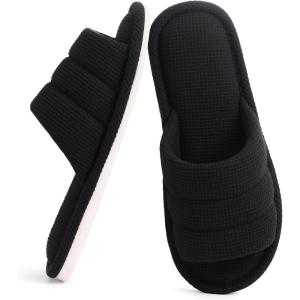 shevalues Summer House Slippers for Women Men Breathable Waffle Indoor Slippers Slip-on Open Toe Home Shoes(Black)