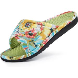 shevalues Summer House Slippers for Women with Arch Support Breathable Waffle Cotton Indoor Slippers Slip on Open Toe Home Shoes(Lime Green)