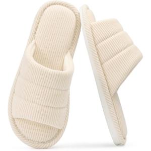 shevalues Terry Cloth Open Toe Slippers for Women Memory Foam Slip On House Slippers(Beige)