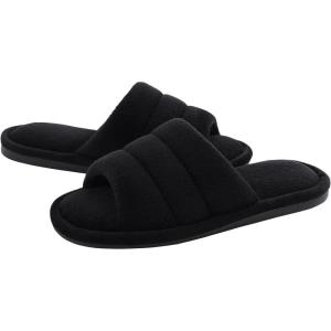 shevalues Terry Cloth Open Toe Slippers for Women Memory Foam Slip On House Slippers(Black)