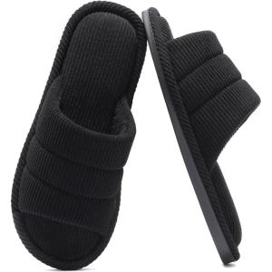 shevalues Terry Cloth Open Toe Slippers for Women Memory Foam Slip On House Slippers(Carbon Black)