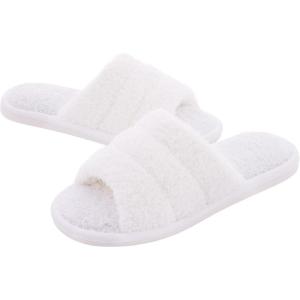 shevalues Terry Cloth Open Toe Slippers for Women Memory Foam Slip On House Slippers(Fuzzy White)