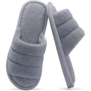 shevalues Terry Cloth Open Toe Slippers for Women Memory Foam Slip On House Slippers(Grey)