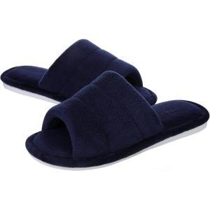 shevalues Terry Cloth Open Toe Slippers for Women Memory Foam Slip On House Slippers(Navy)