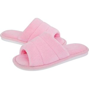 shevalues Terry Cloth Open Toe Slippers for Women Memory Foam Slip On House Slippers(Pink)