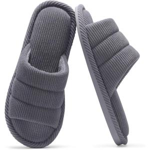 shevalues Terry Cloth Open Toe Slippers for Women Memory Foam Slip On House Slippers(Steel Grey)