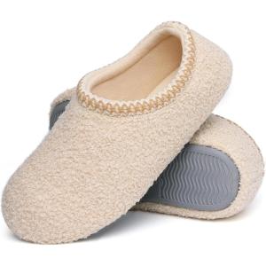 shevalues Women House Memory Foam Slippers Teddy Fleece Bedroom Sock Shoes with Soft Rubber Sole(Beige)