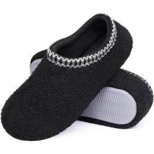 shevalues Women House Memory Foam Slippers Teddy Fleece Bedroom Sock Shoes with Soft Rubber Sole(Black)