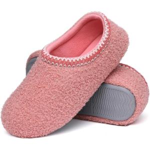 shevalues Women House Memory Foam Slippers Teddy Fleece Bedroom Sock Shoes with Soft Rubber Sole(Pink)