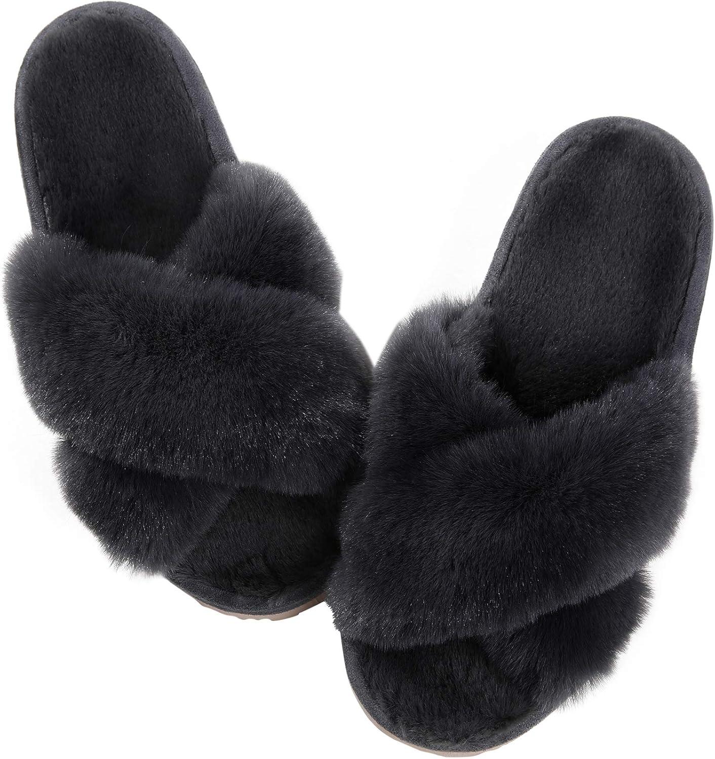 image:imageComwarm Womens Cross Band Fuzzy Slippers Fluffy Open Toe House Slippers Cozy Plush Bedroom Shoes Indoor OutdoorDark Grey