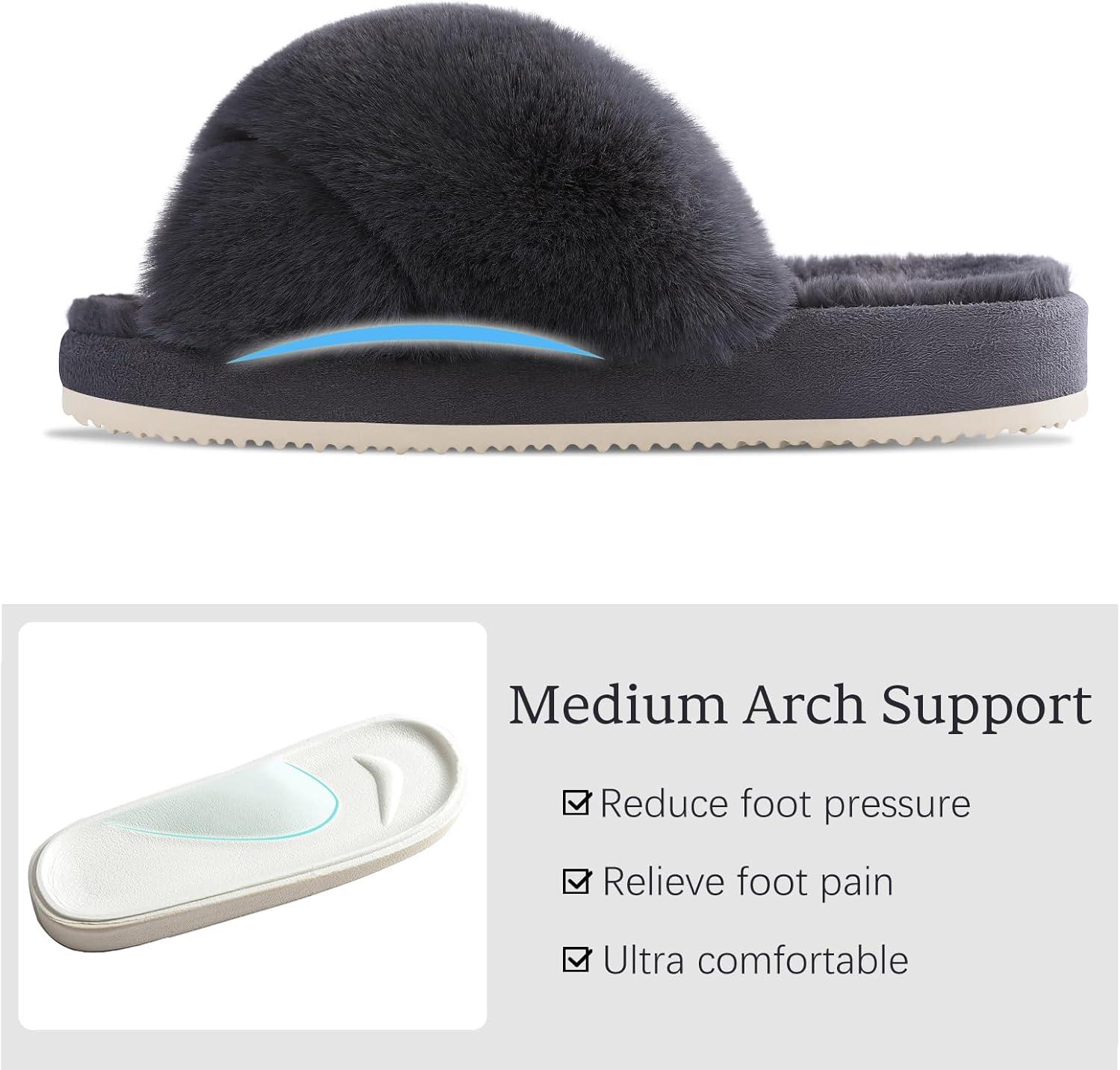 image:imageComwarm Womens Cross Band Fuzzy Slippers Fluffy Open Toe House Slippers Cozy Plush Bedroom Shoes Indoor OutdoorDark Grey