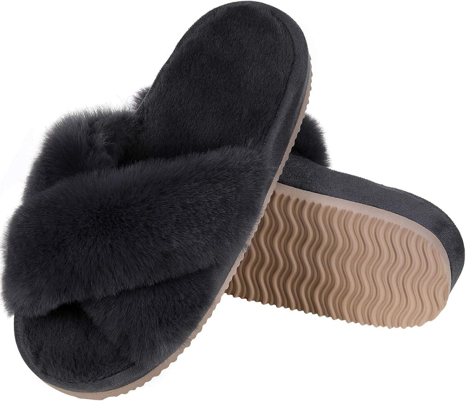 image:imageComwarm Womens Cross Band Fuzzy Slippers Fluffy Open Toe House Slippers Cozy Plush Bedroom Shoes Indoor OutdoorDark Grey