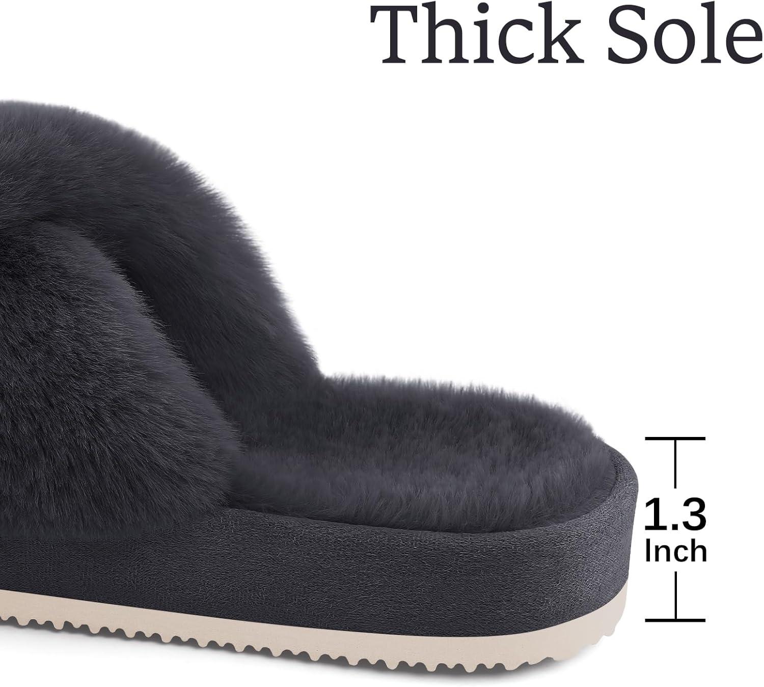 image:imageComwarm Womens Cross Band Fuzzy Slippers Fluffy Open Toe House Slippers Cozy Plush Bedroom Shoes Indoor OutdoorDark Grey