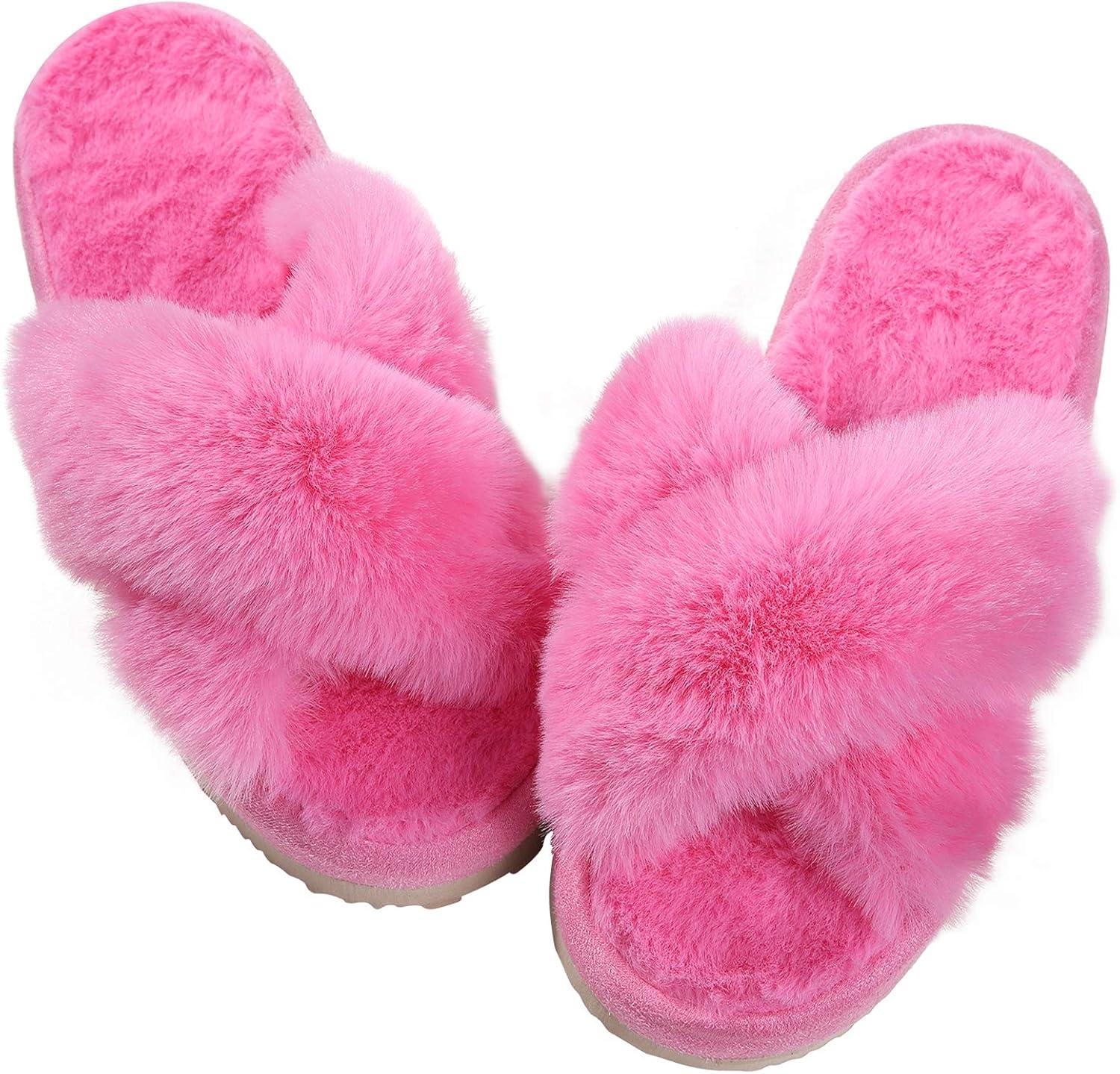 image:imageComwarm Womens Cross Band Fuzzy Slippers Fluffy Open Toe House Slippers Cozy Plush Bedroom Shoes Indoor OutdoorHot Pink