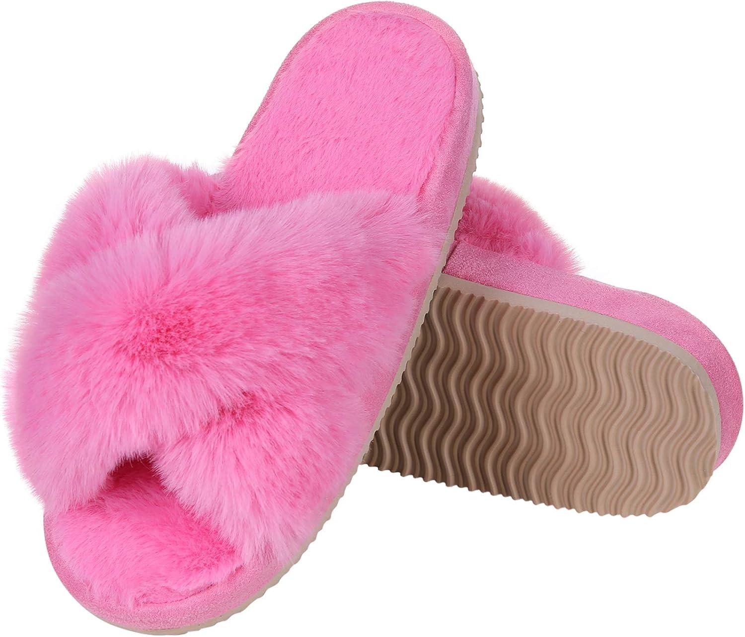 image:imageComwarm Womens Cross Band Fuzzy Slippers Fluffy Open Toe House Slippers Cozy Plush Bedroom Shoes Indoor OutdoorHot Pink