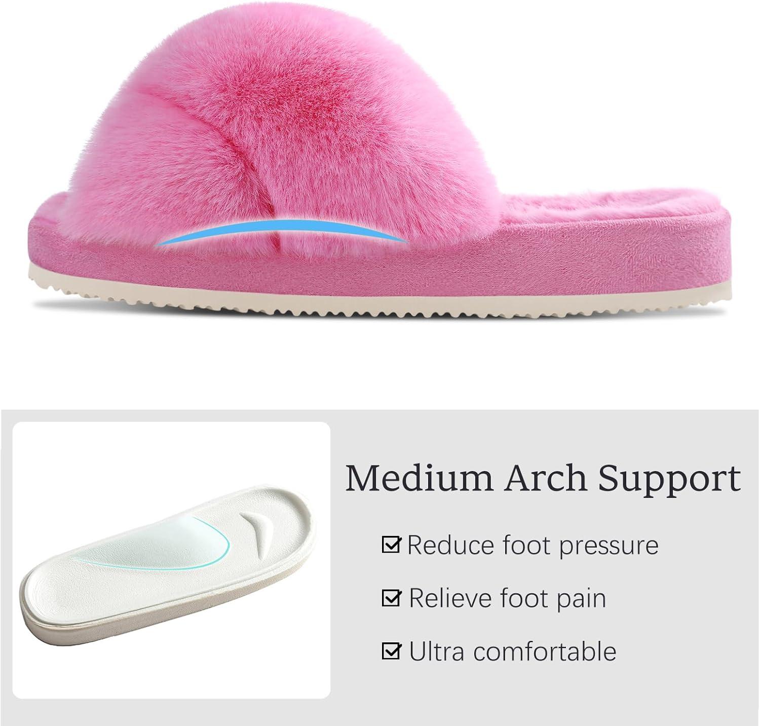 image:imageComwarm Womens Cross Band Fuzzy Slippers Fluffy Open Toe House Slippers Cozy Plush Bedroom Shoes Indoor OutdoorHot Pink