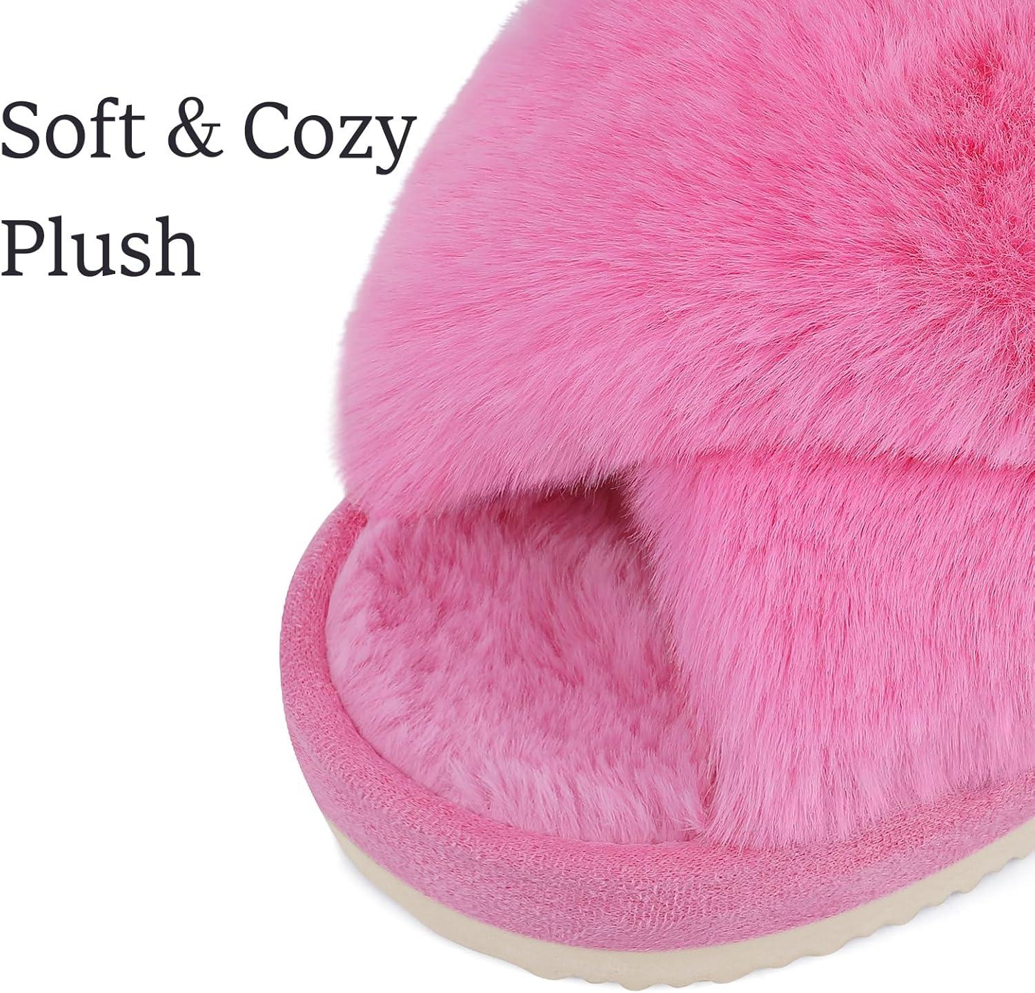 image:imageComwarm Womens Cross Band Fuzzy Slippers Fluffy Open Toe House Slippers Cozy Plush Bedroom Shoes Indoor OutdoorHot Pink