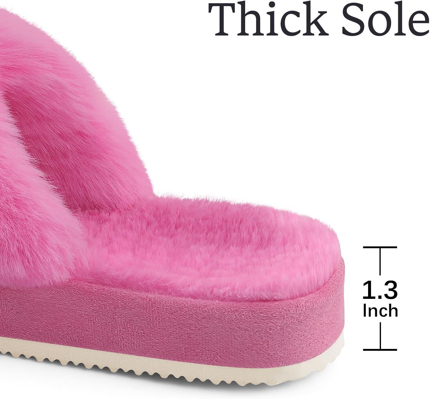 image:imageComwarm Womens Cross Band Fuzzy Slippers Fluffy Open Toe House Slippers Cozy Plush Bedroom Shoes Indoor OutdoorHot Pink